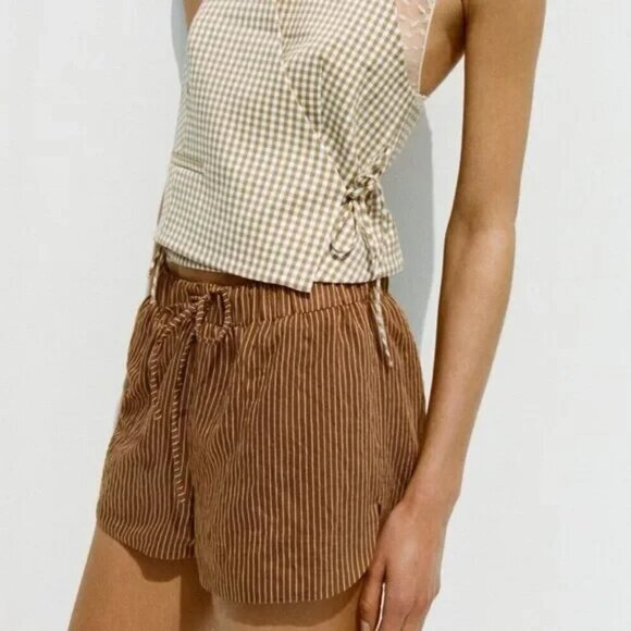 New Zara Striped High Waist Elastic Waistband Brown/Cream Boxer Shorts Medium - Picture 4 of 12